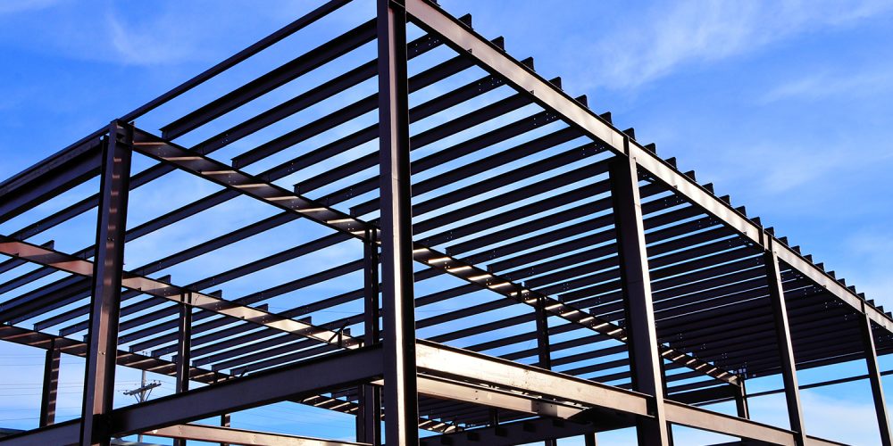 Steel framework of commercial building under  construction.